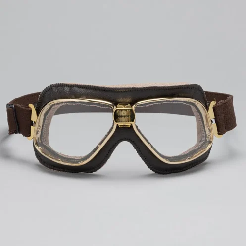 Biker Goggles Gold Brass + Brown Leather