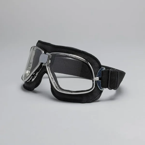 Biker Motorcycle Goggles Silver Frame Black Leather Clear Lens SL