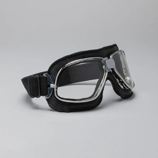 Biker Motorcycle Goggles Silver Frame Black Leather Clear Lens SR